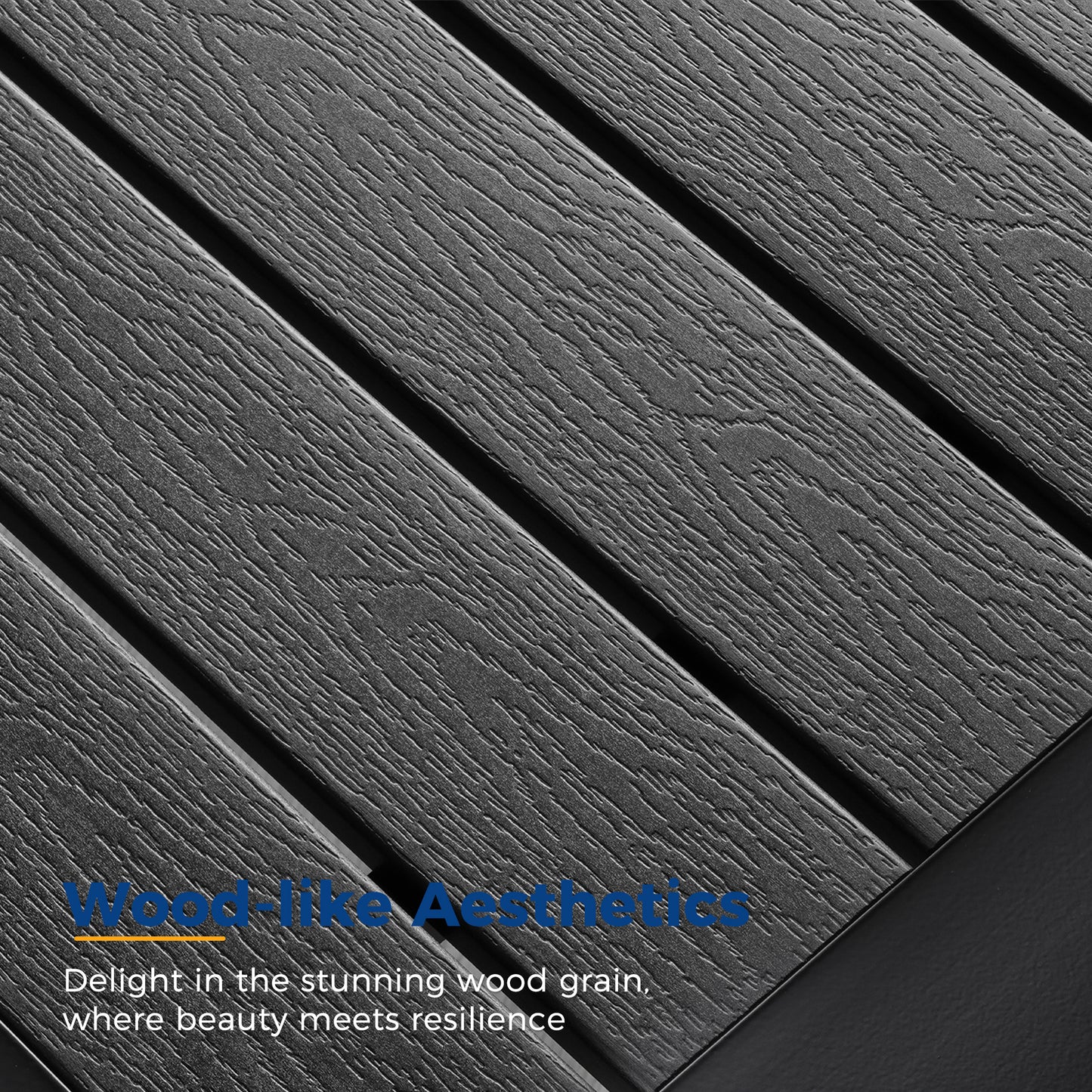 Closeup of dark gray composite decking with a realistic wood grain texture