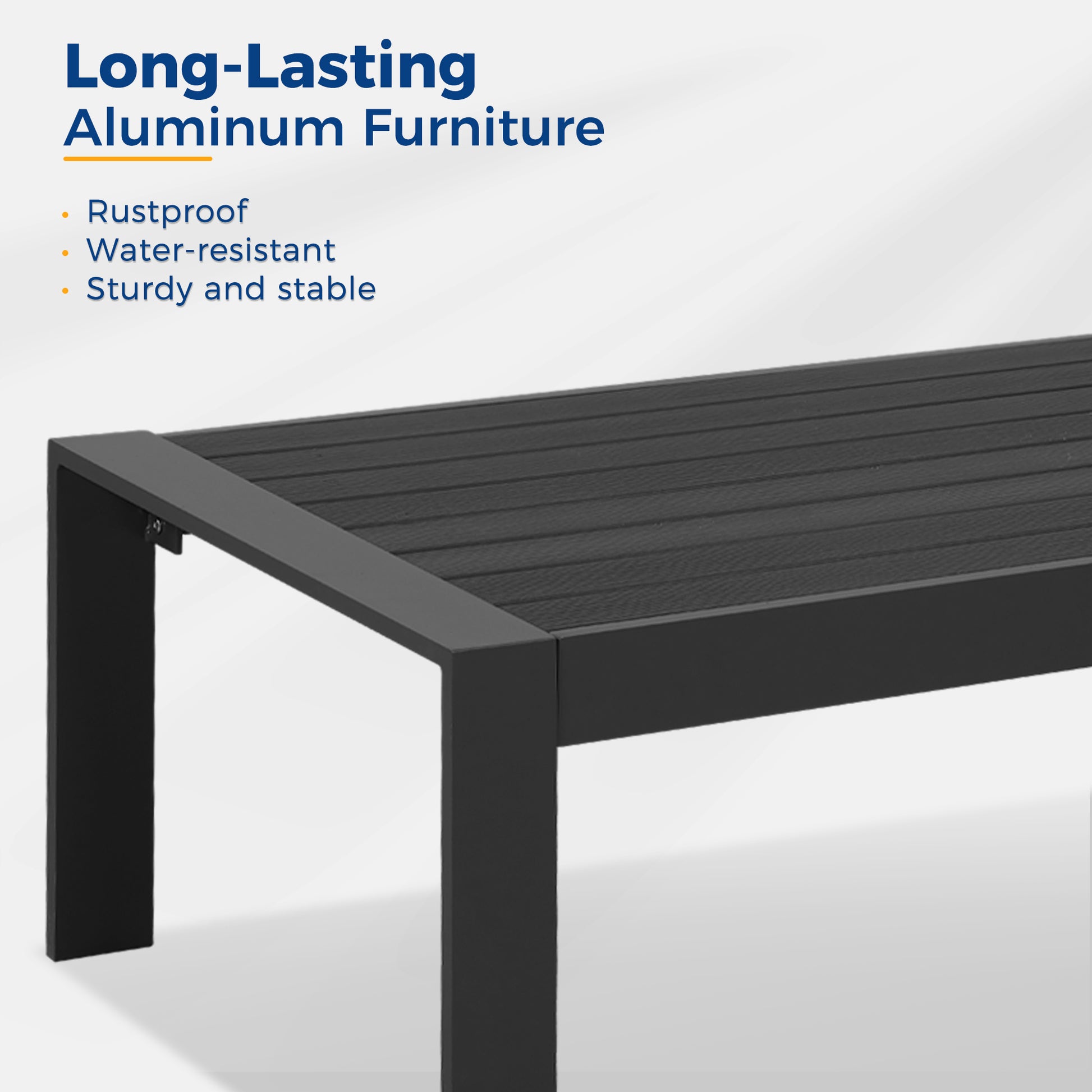 Dark grey slatted aluminum outdoor bench with sturdy legs