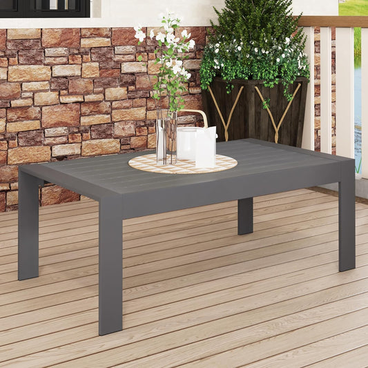Modern dark grey metal coffee table with slatted top ideal for outdoor patios
