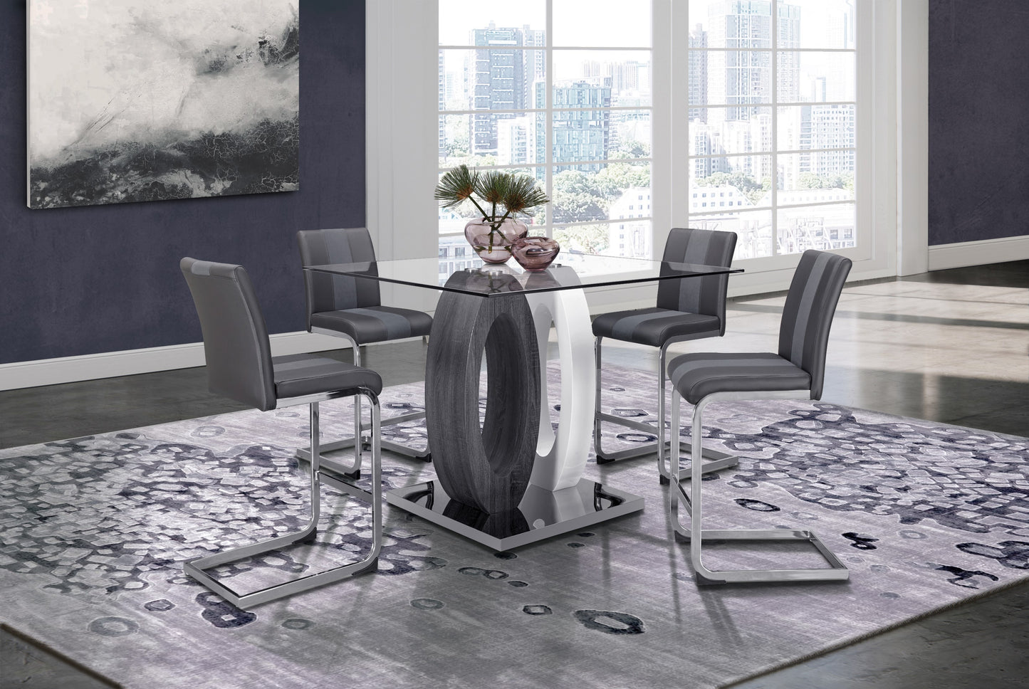 Modern grey striped bar stool with chrome legs for kitchen island seating