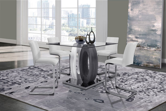 Modern dining set with a glass tabletop chrome legs and white upholstered bar stools