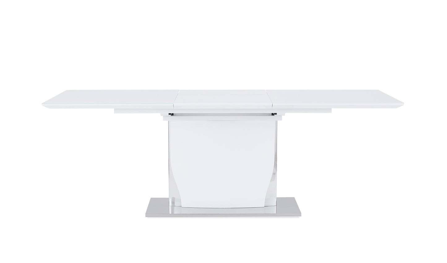 Modern white extendable dining table with pedestal base and chrome feet