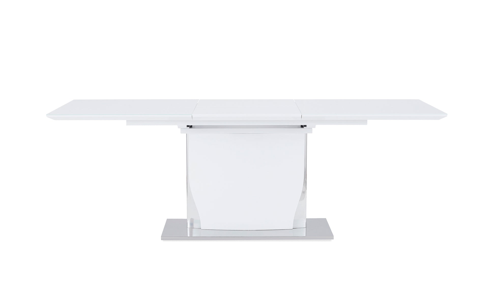 Modern white extendable dining table with pedestal base and chrome feet