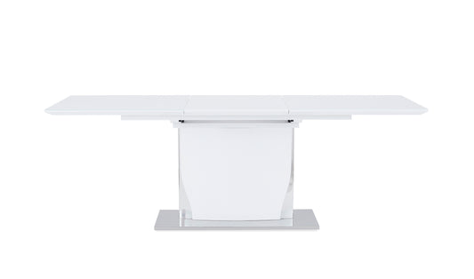 Modern white extendable dining table with pedestal base and chrome feet