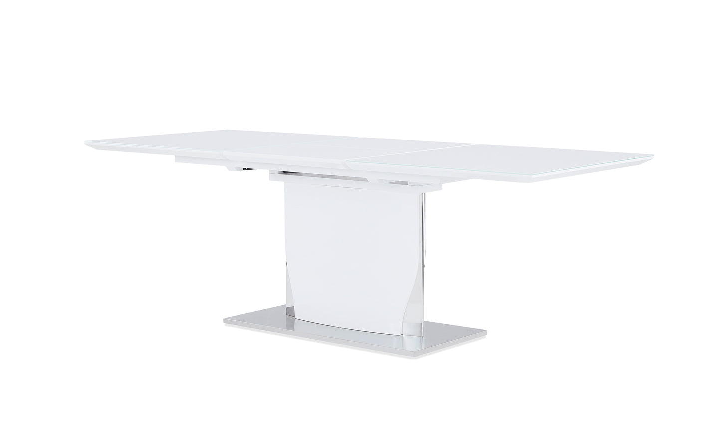 Modern white extendable dining table with glass top and pedestal base