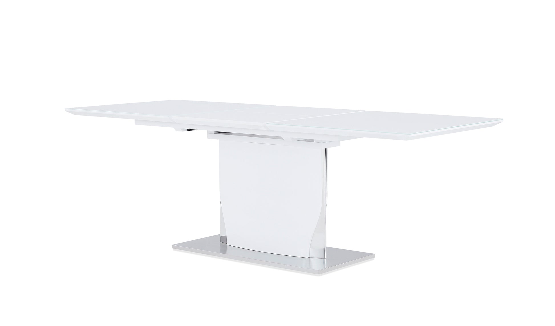 Modern white extendable dining table with glass top and pedestal base