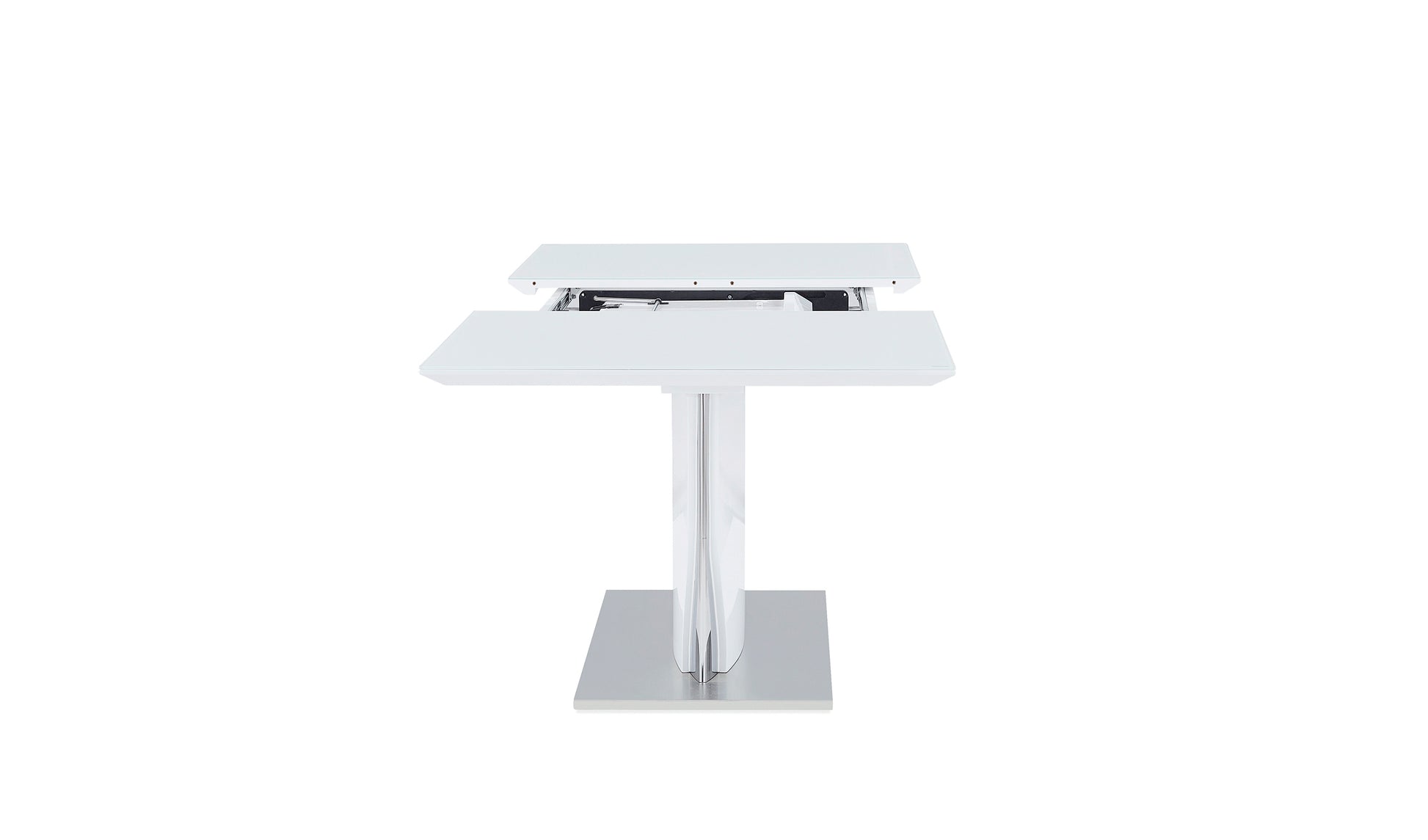 Modern white extendable dining table with a chrome pedestal base and glass top