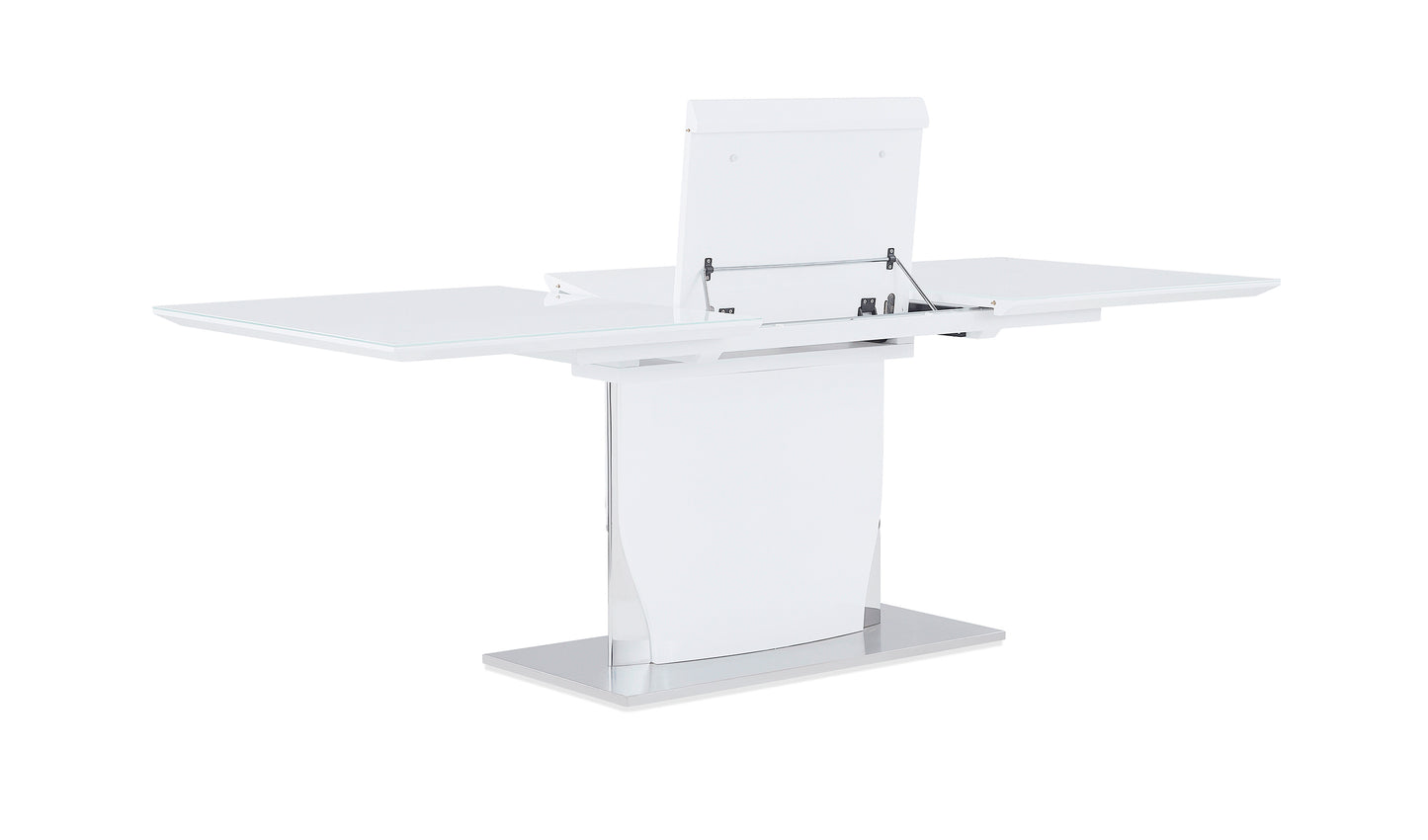 Modern white extendable dining table with glass top and polished chrome base