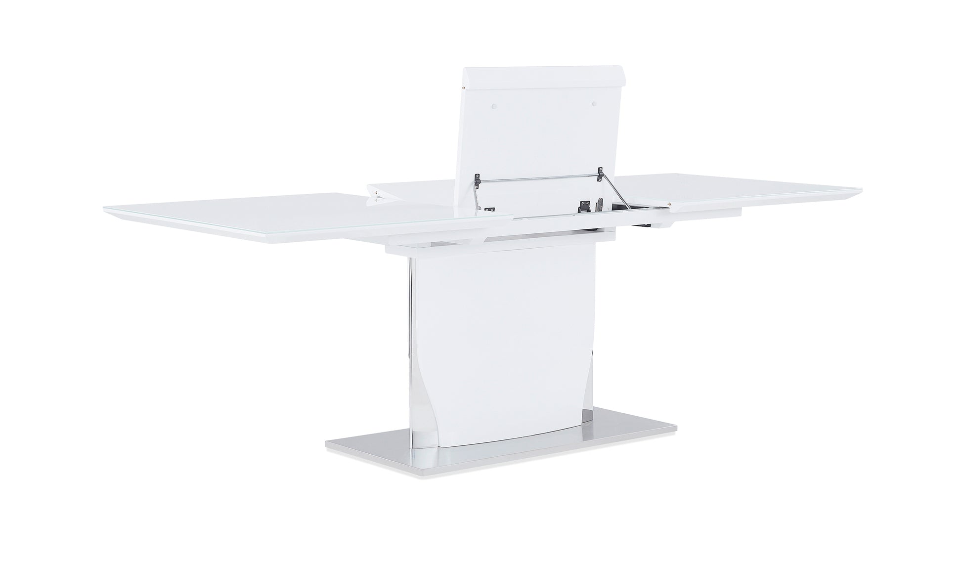 Modern white extendable dining table with glass top and polished chrome base