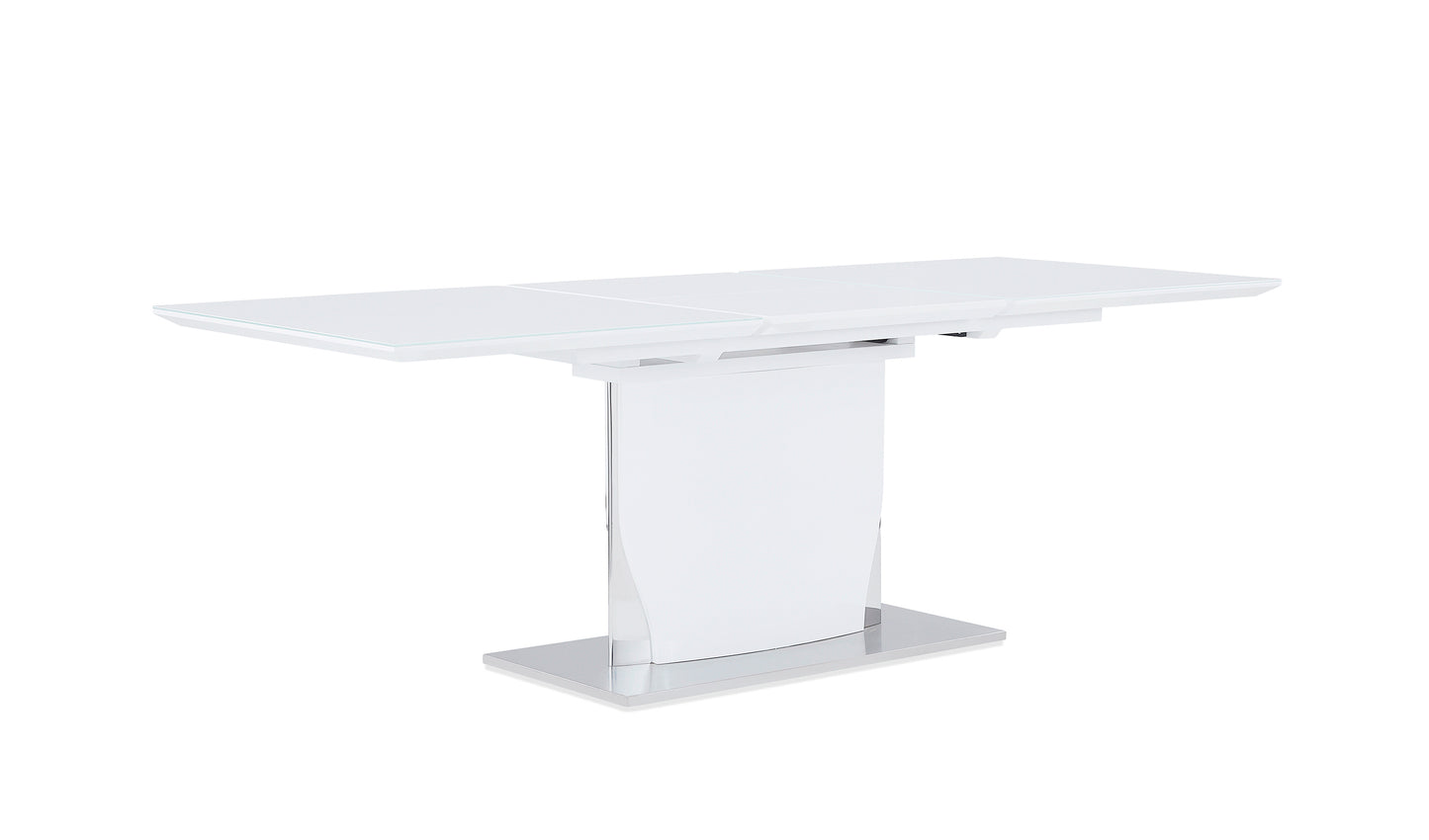 Modern white extendable dining table with glass top and chrome base perfect for contemporary homes