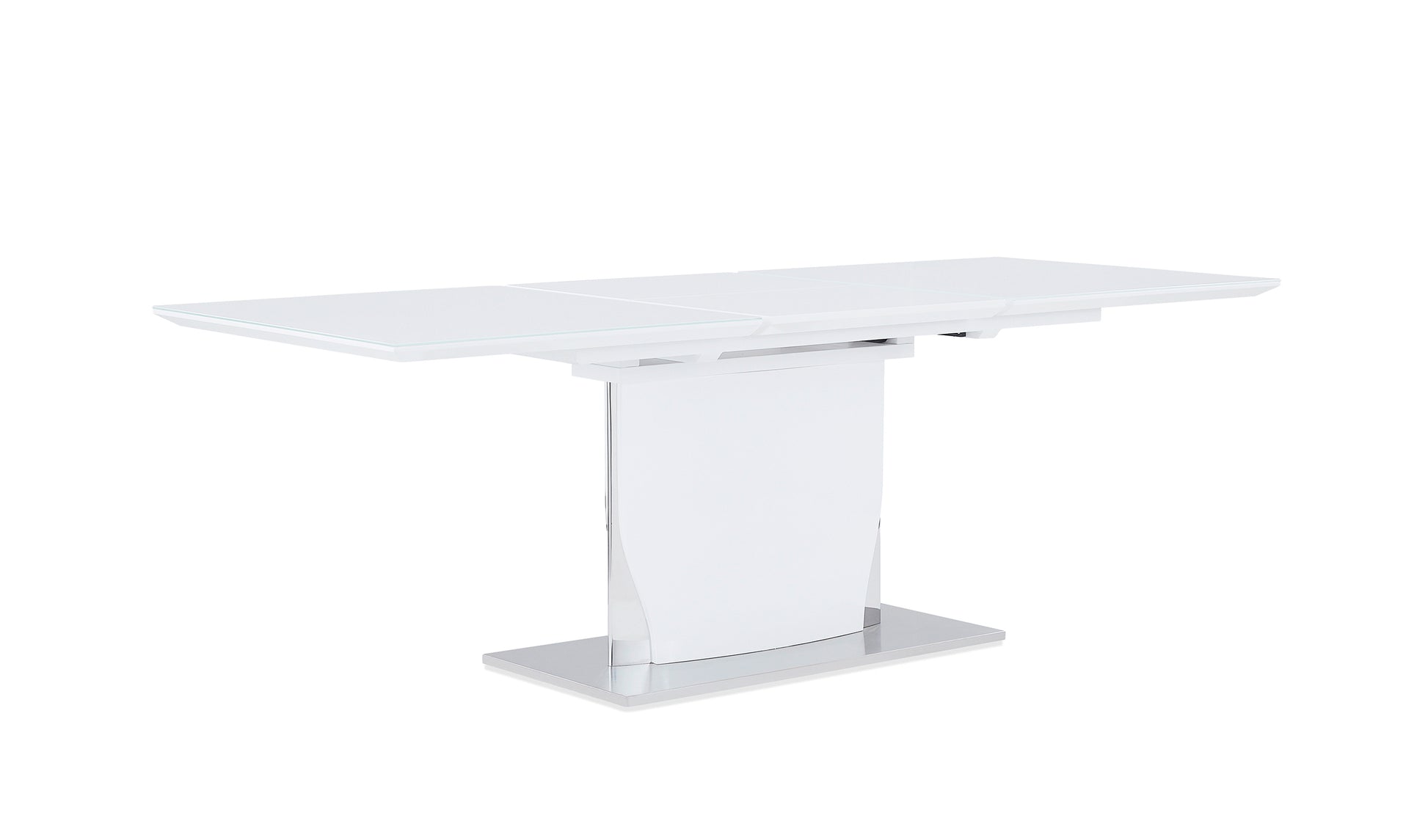 Modern white extendable dining table with glass top and chrome base perfect for contemporary homes
