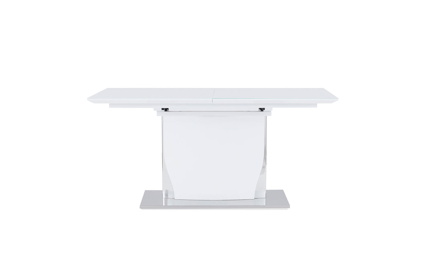 Modern white extendable dining table with glass inlay and pedestal base