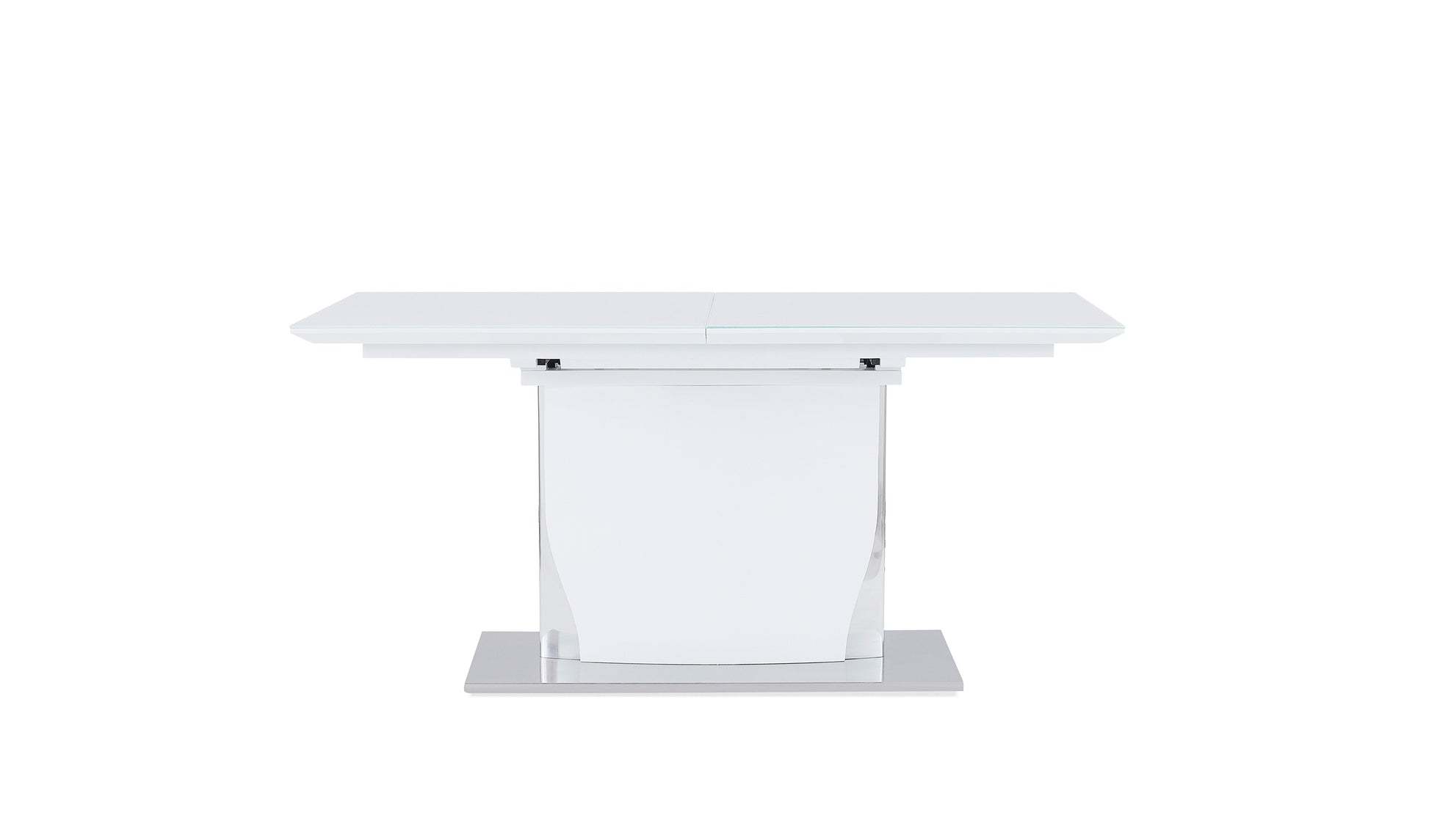 Modern white extendable dining table with glass inlay and pedestal base