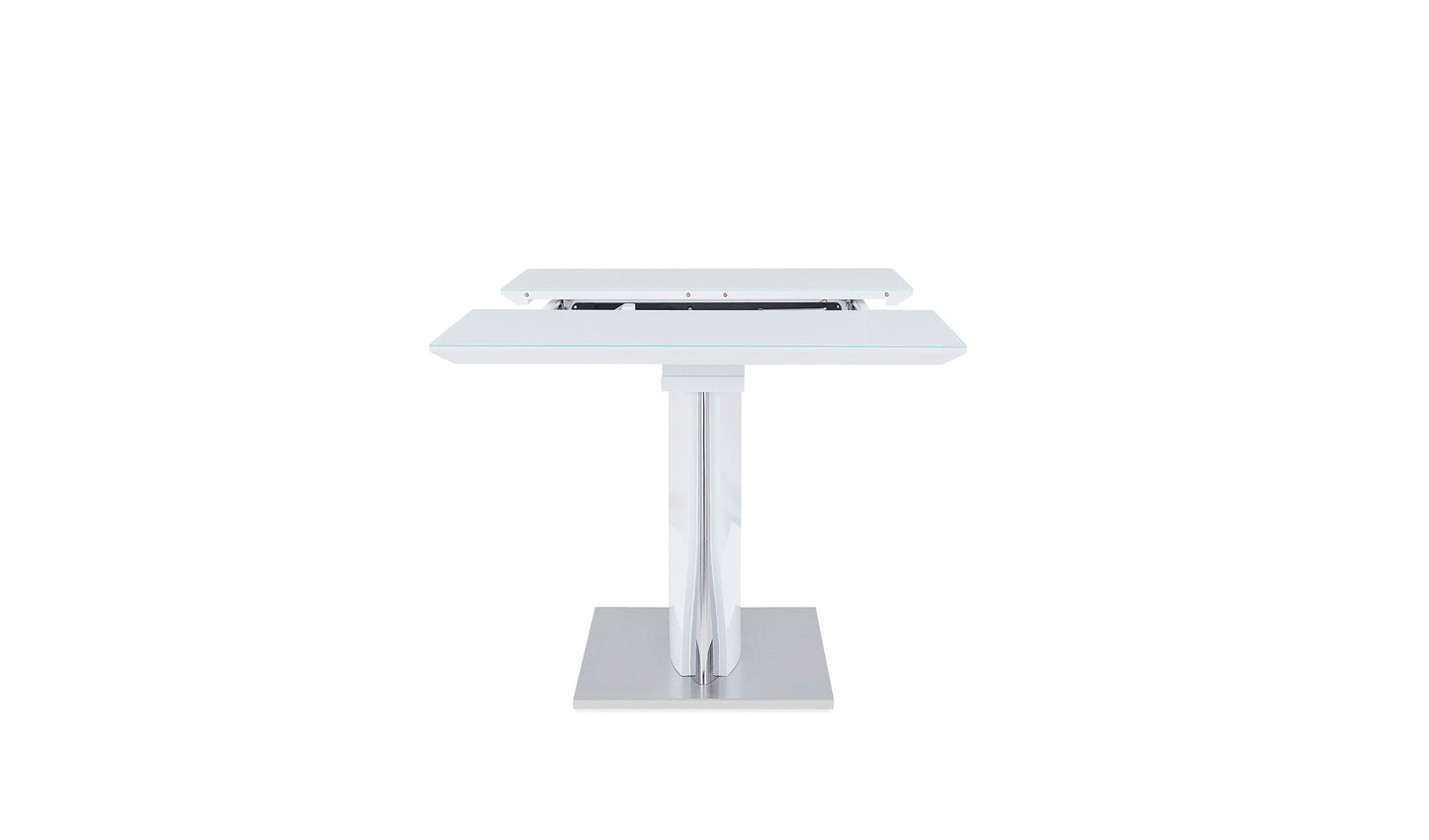 White glass lifttop coffee table with polished chrome base for modern living rooms