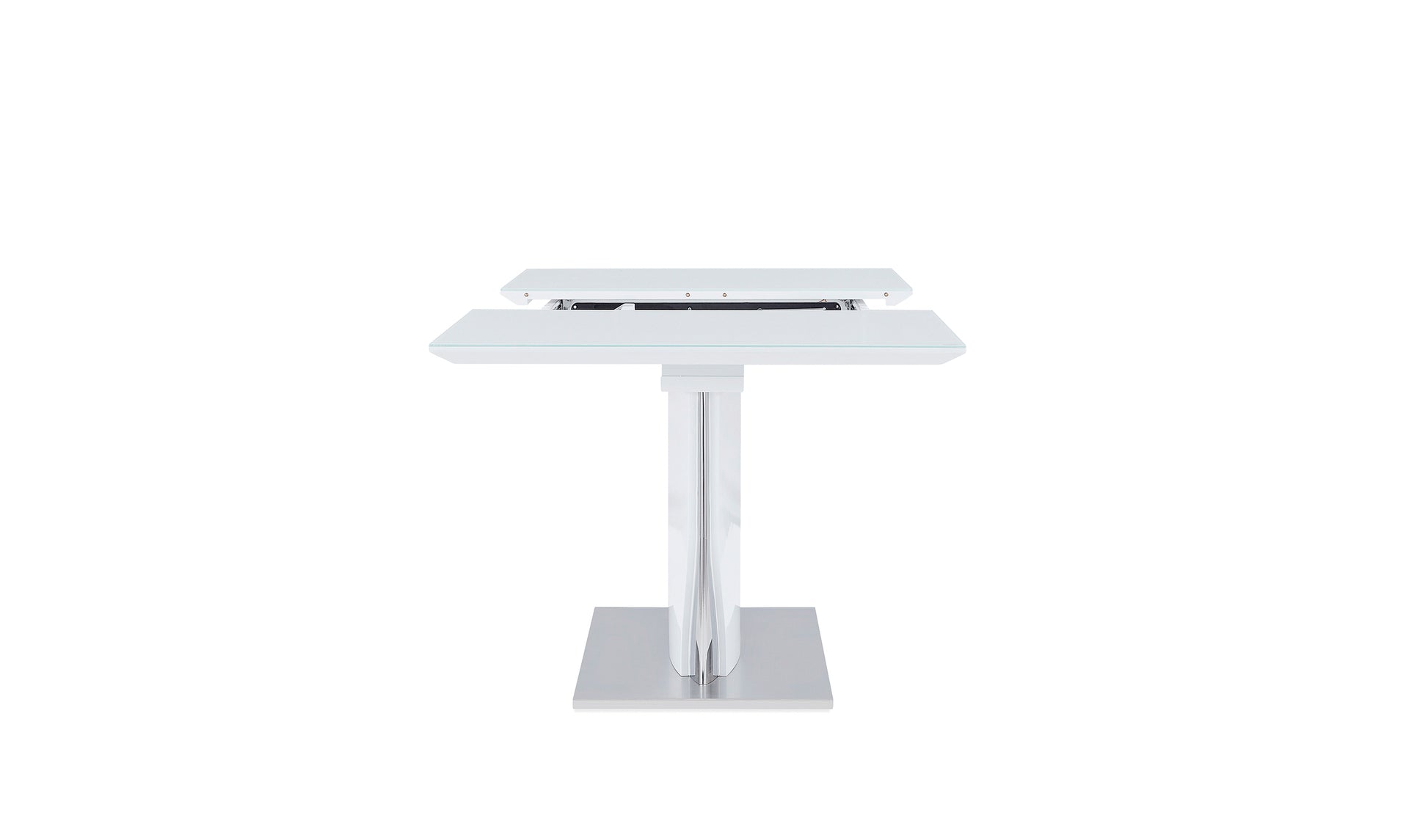 White glass lifttop coffee table with polished chrome base for modern living rooms