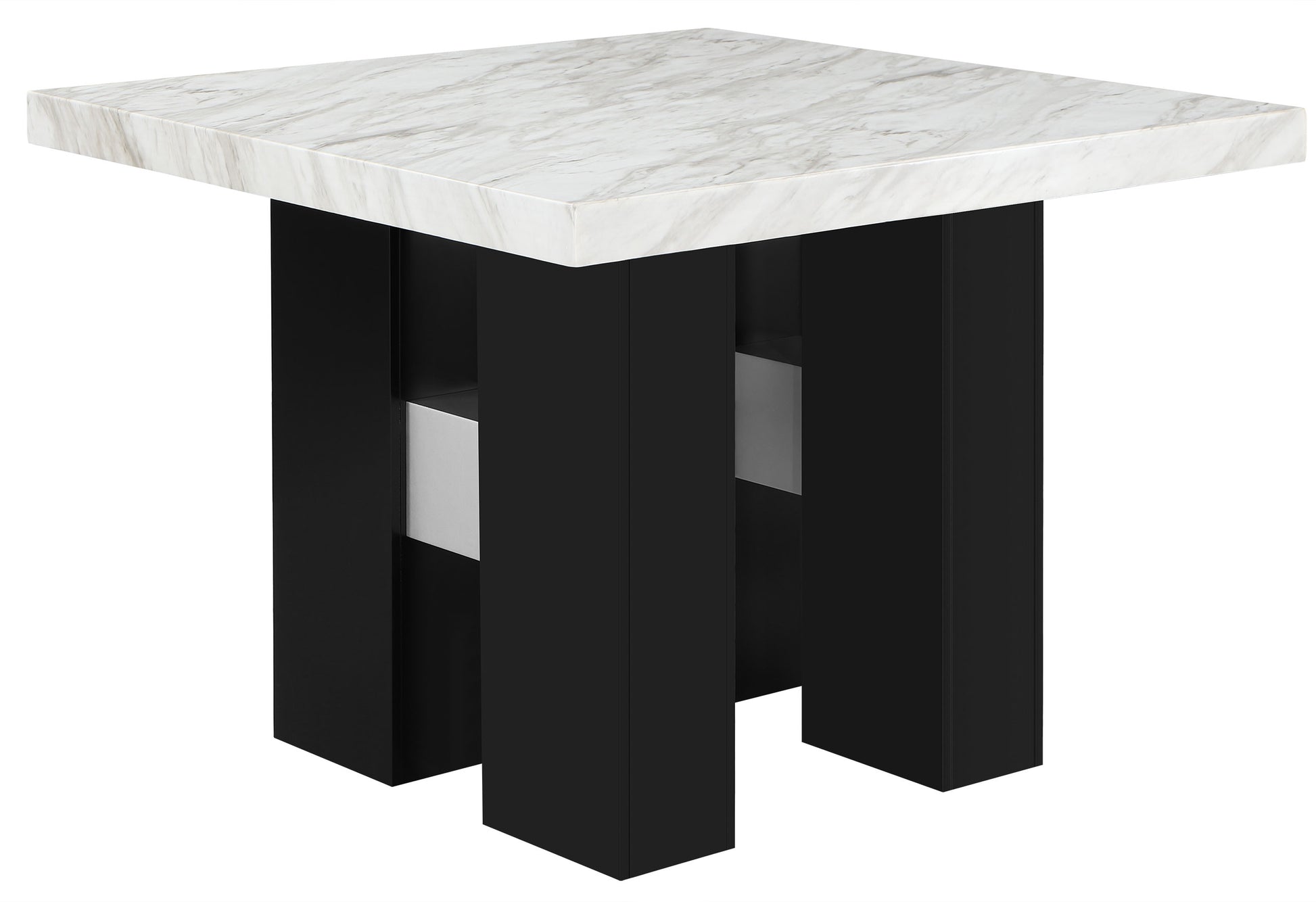 Square dining table with white marblelook top and black pedestal base