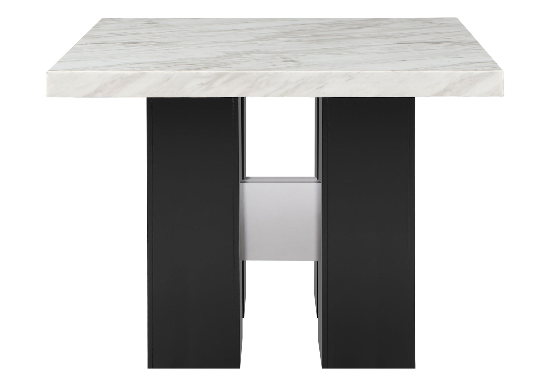 Square marble top dining table with black pedestal base