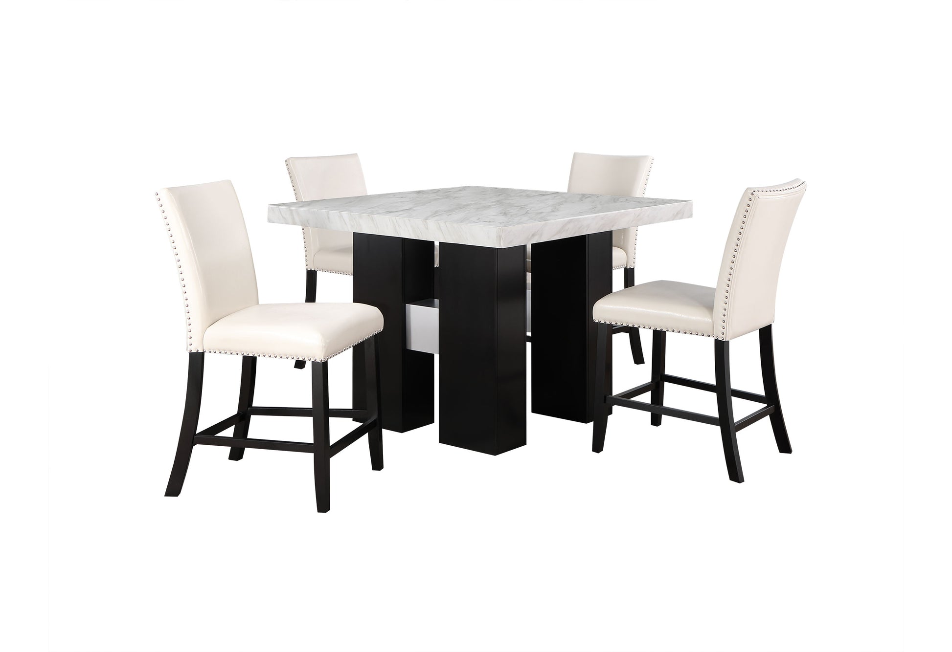 Square faux marble top bar table with four cream tufted chairs