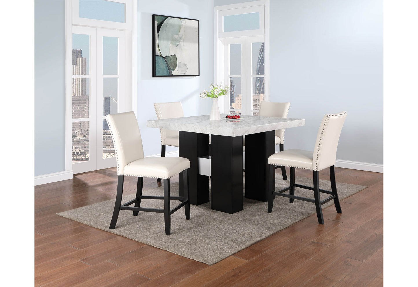 Cream faux leather counter stool with silver nailhead trim and dark wood legs