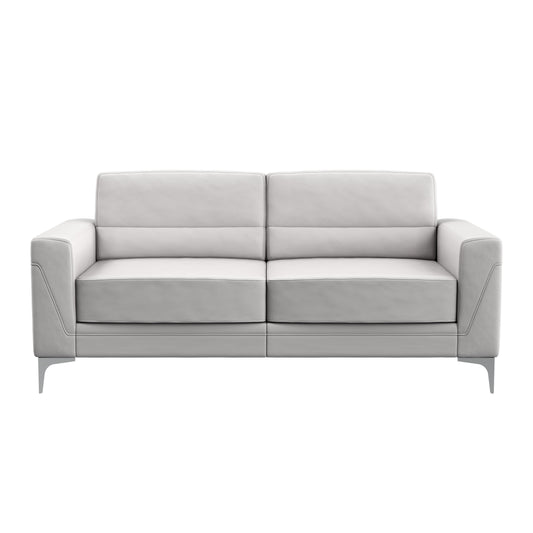 Sleek white leather sofa with plush cushions and modern chrome legs perfect for living room seating