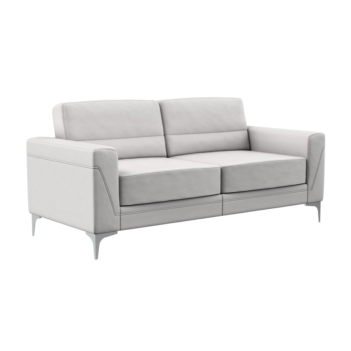 Light gray modern leather loveseat with sleek chrome legs and clean stitching detail