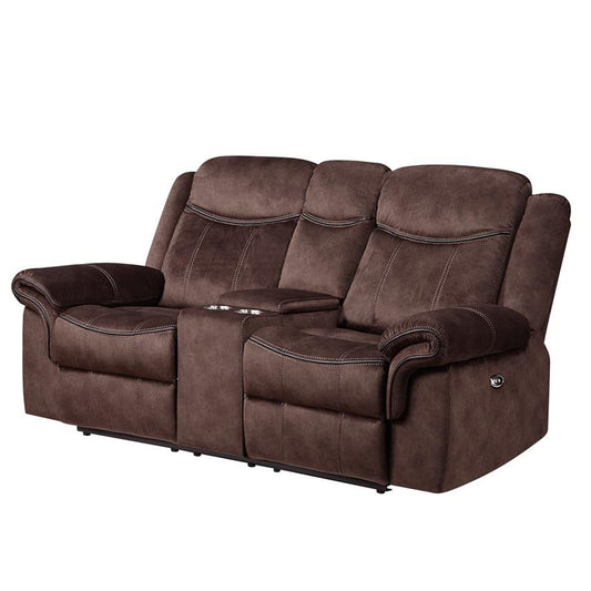 Brown fabric double recliner sofa with cupholders and stitched details