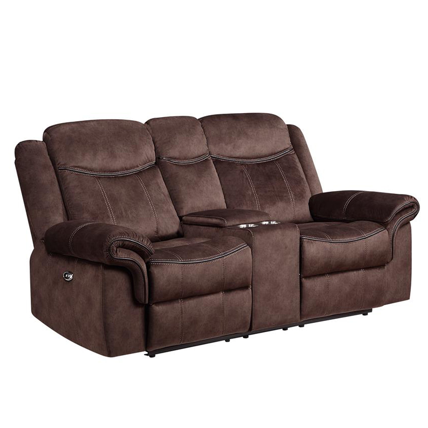 Brown faux leather reclining sofa with dual cup holders and power recline for ultimate comfort