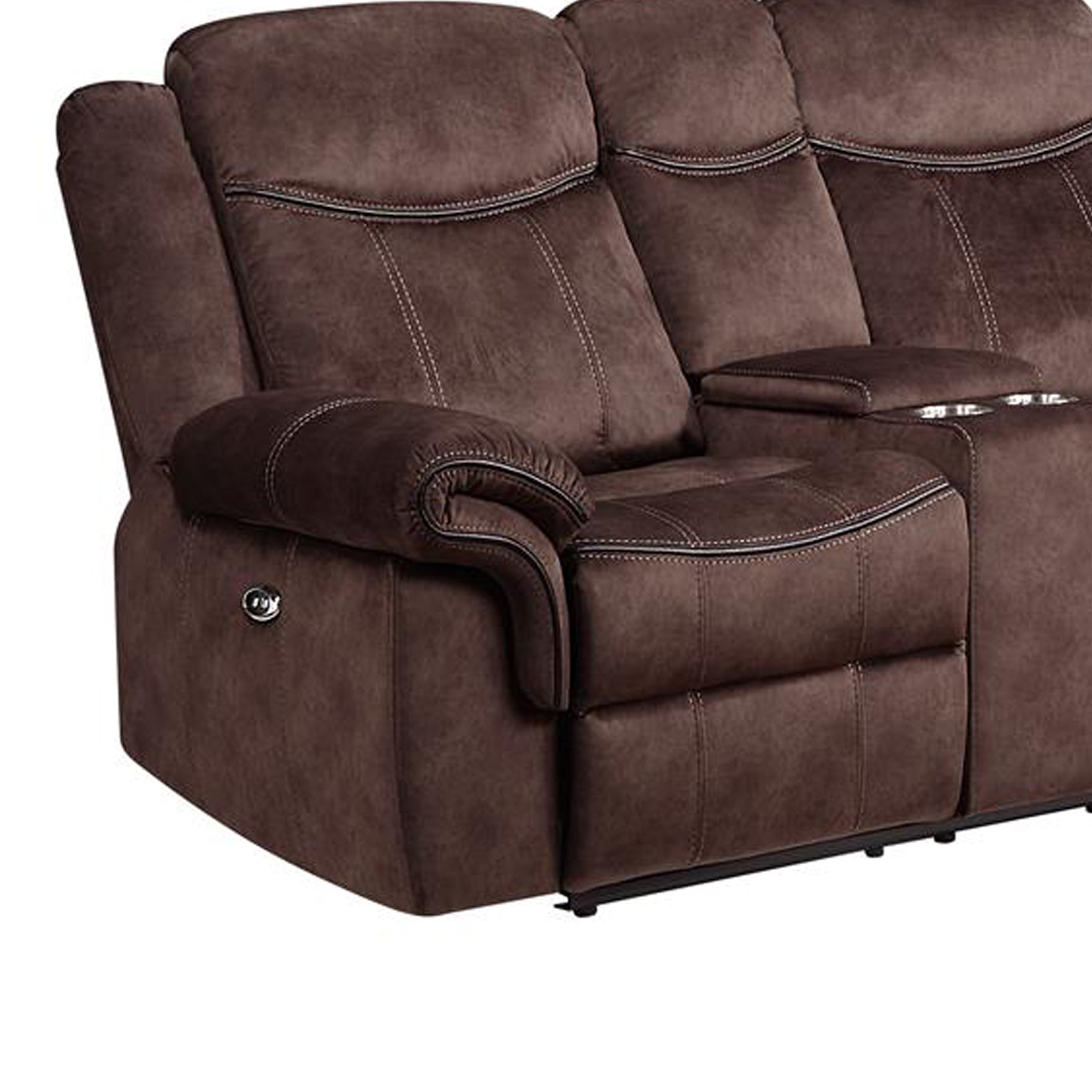 Brown leather recliner sofa with stitched details and cup holders