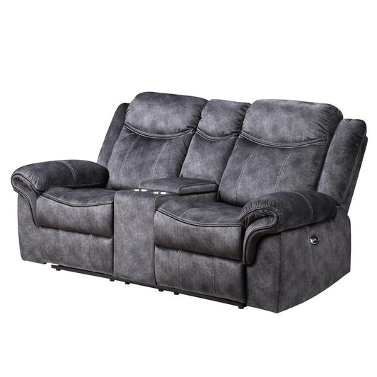 Dark gray recliner loveseat with white stitching detail and center console with cup holders