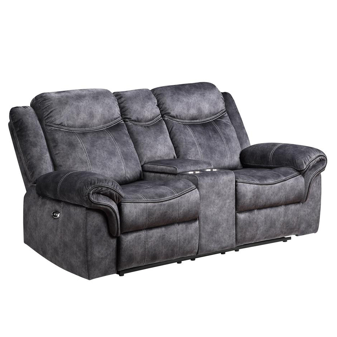 Gray reclining sofa with dual cup holders for ultimate comfort