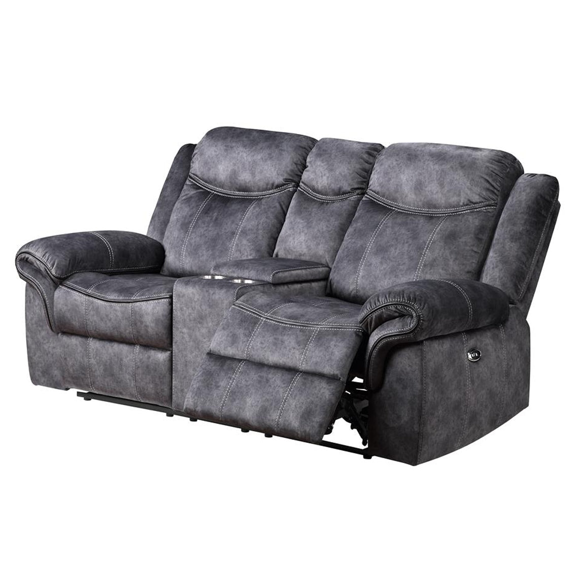 Dark gray reclining loveseat with cup holders and contrasting white stitching