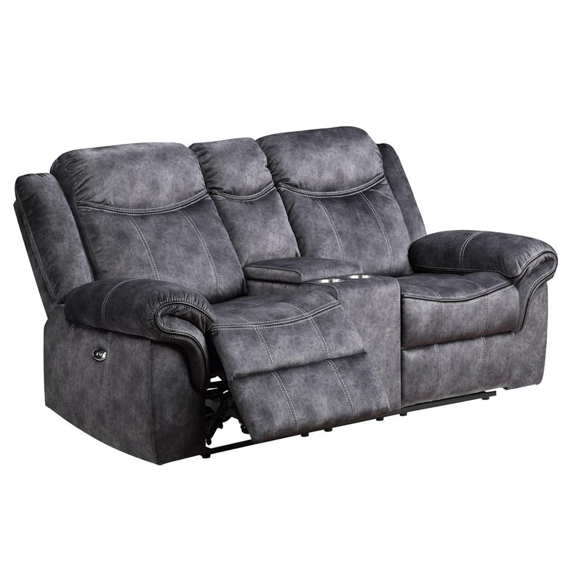 Dark grey power reclining loveseat with builtin cup holders for ultimate comfort