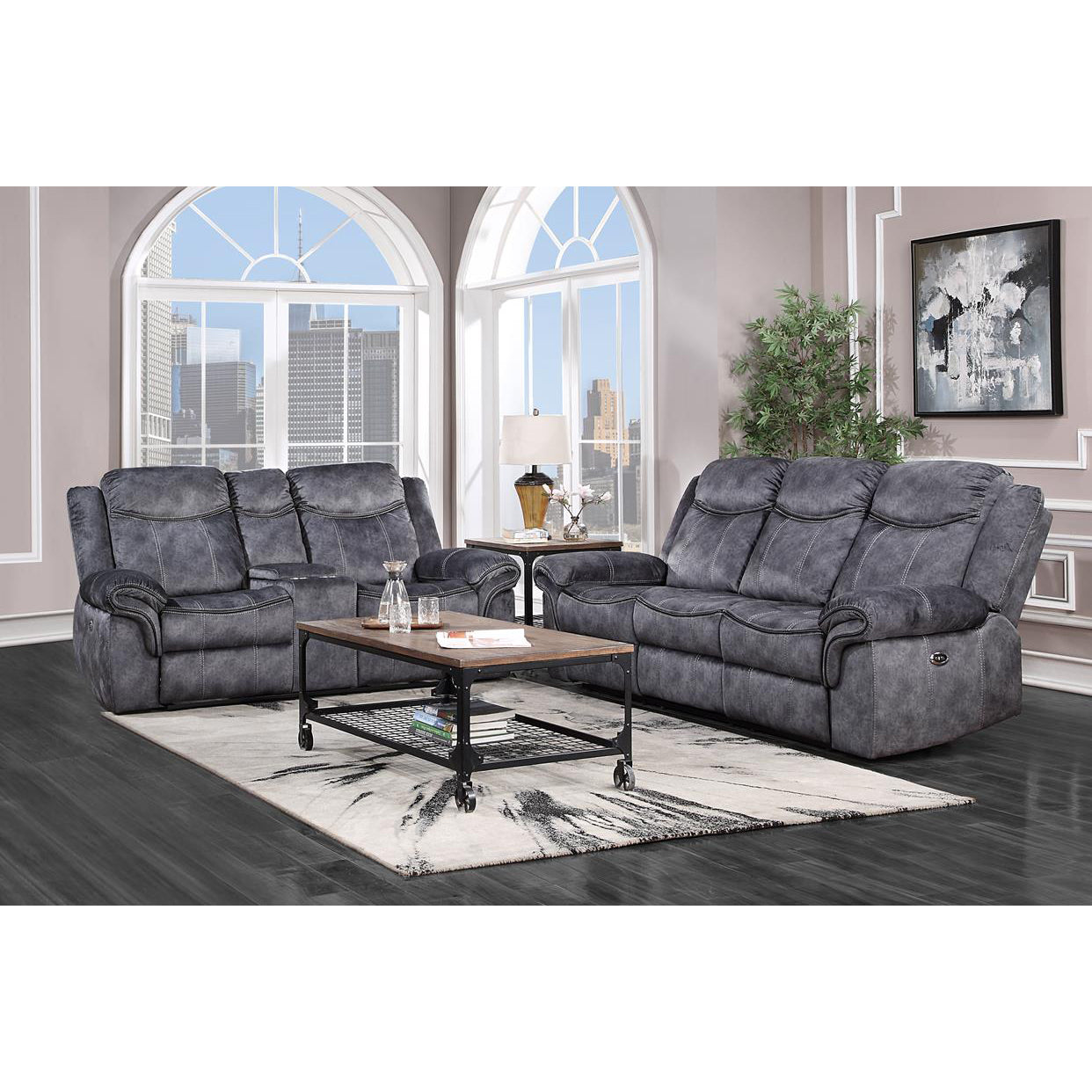 Twoseater grey reclining sofa with plush cushions and stitched detailing
