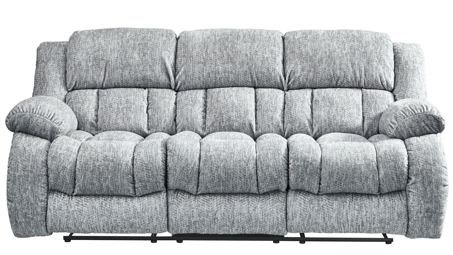 Comfortable grey fabric reclining sofa with plush seat cushions for ultimate relaxation
