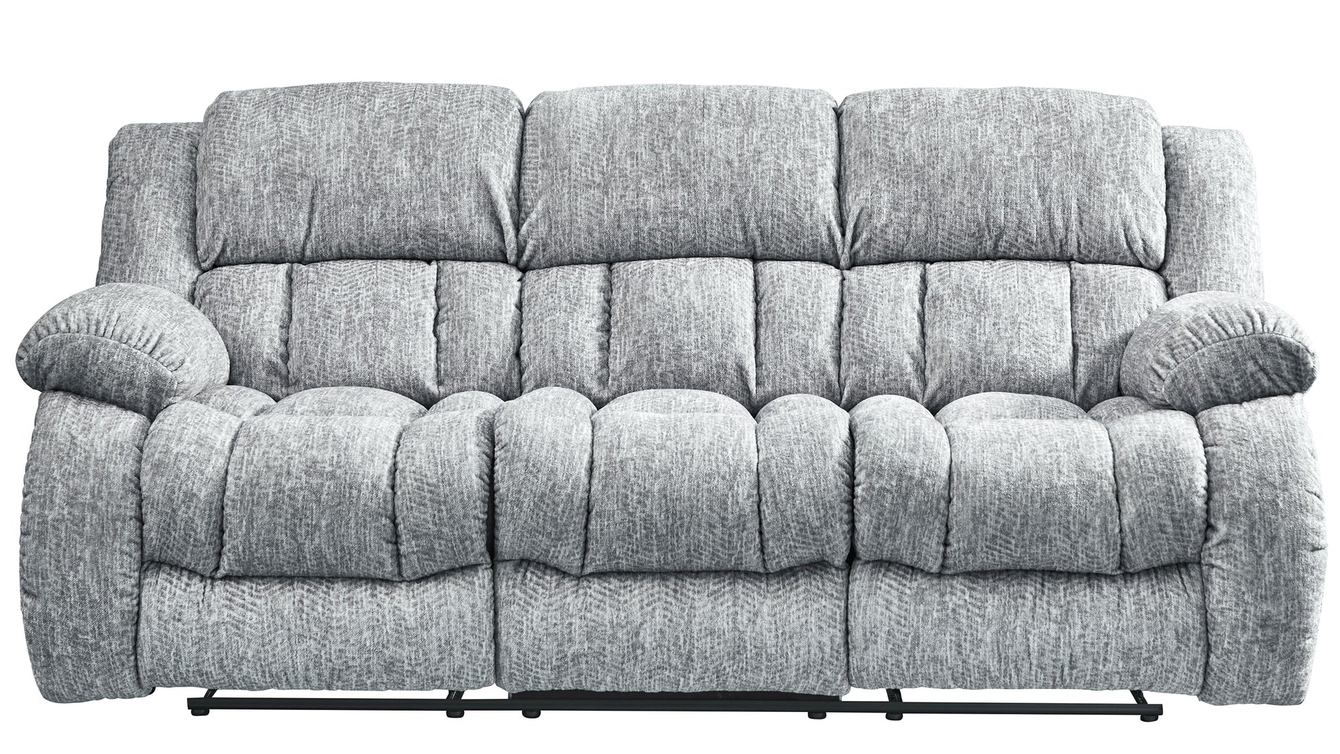 Comfortable grey fabric reclining sofa with plush seat cushions for ultimate relaxation