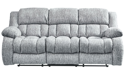 Comfortable grey fabric reclining sofa with plush seat cushions for ultimate relaxation