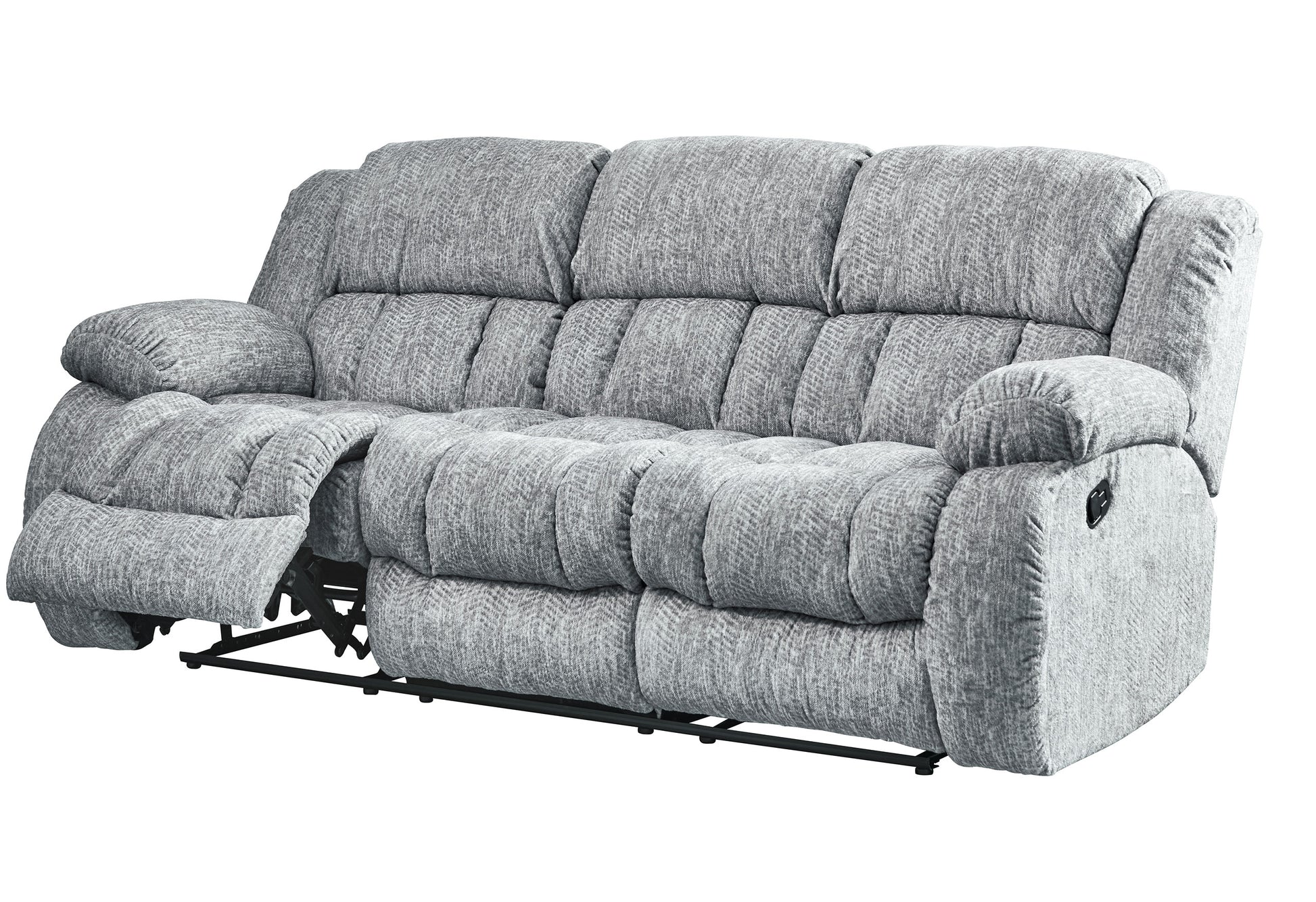 Plush gray fabric recliner sofa with three seats and extended footrests perfect for home theater seating