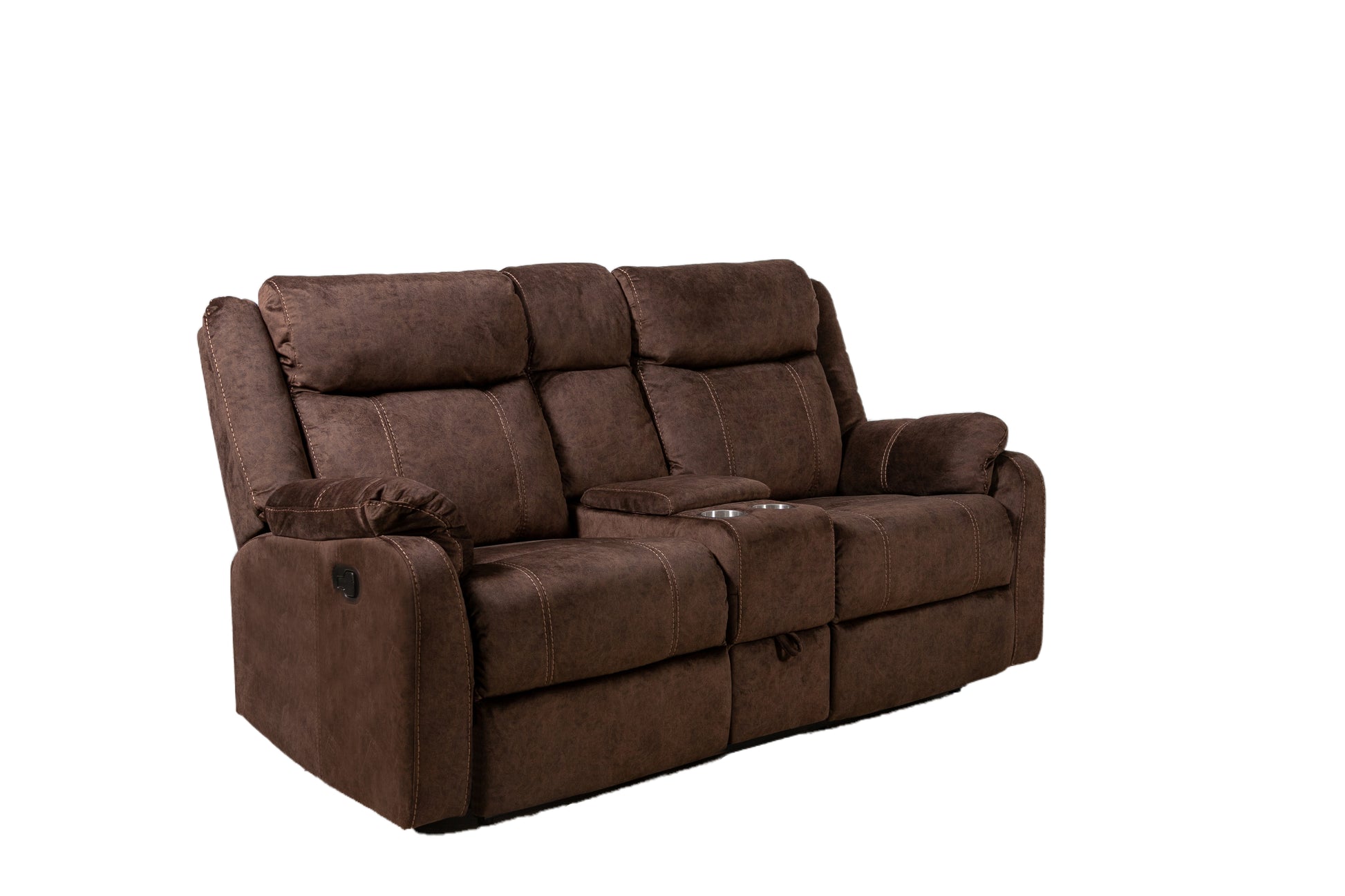 Brown reclining loveseat with integrated cup holders and stitching details