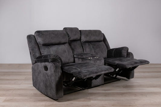 Dark gray fabric loveseat recliner with two cup holders and visible stitching details