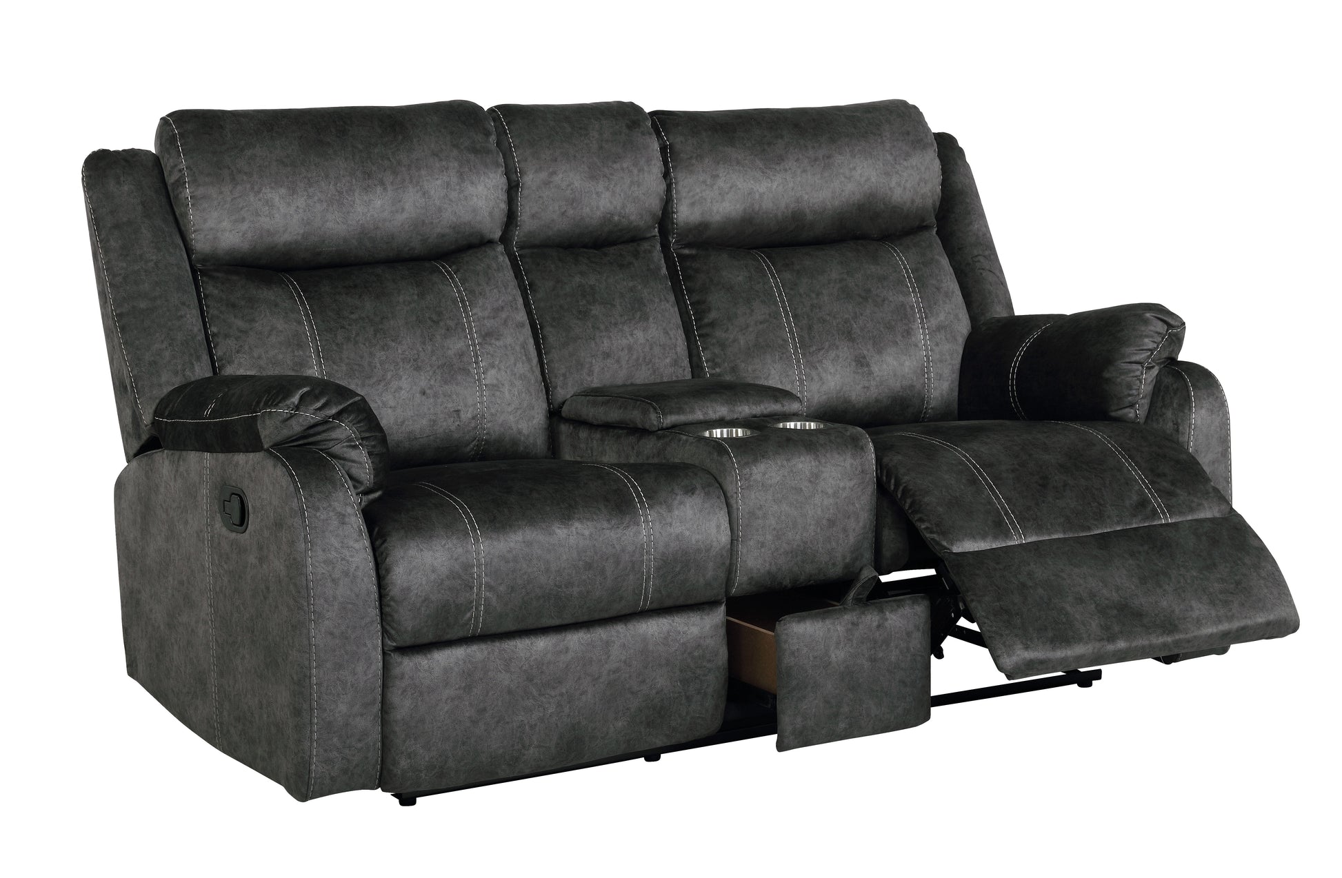 Dark gray faux leather loveseat recliner with white stitching and dual cup holders