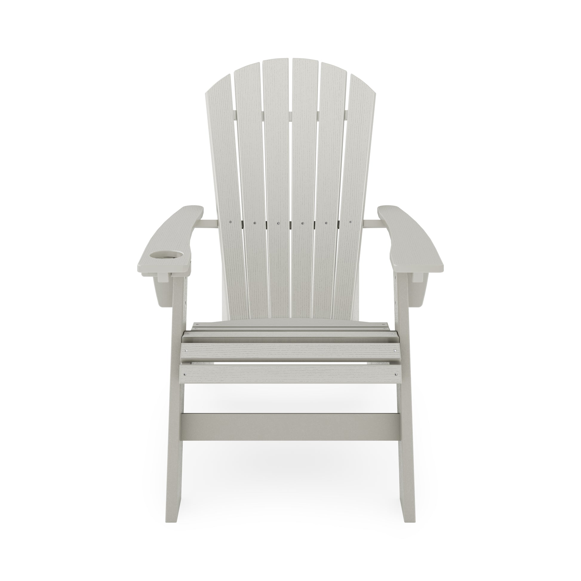 Light gray Adirondack chair with slatted back and integrated cup holder for patio relaxation