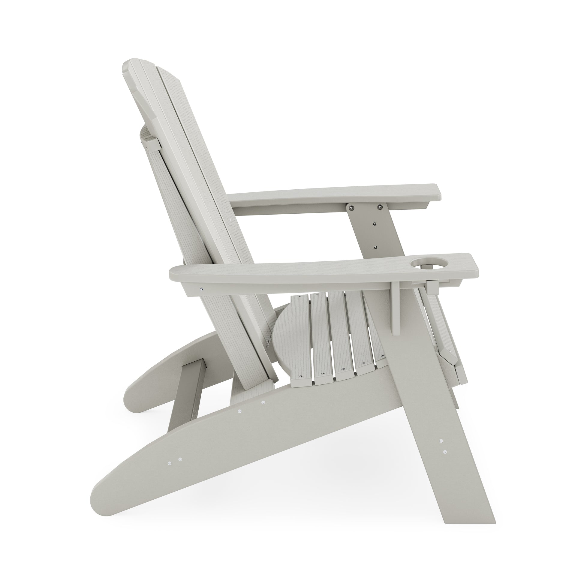 Light grey composite Adirondack chair with cup holder side view