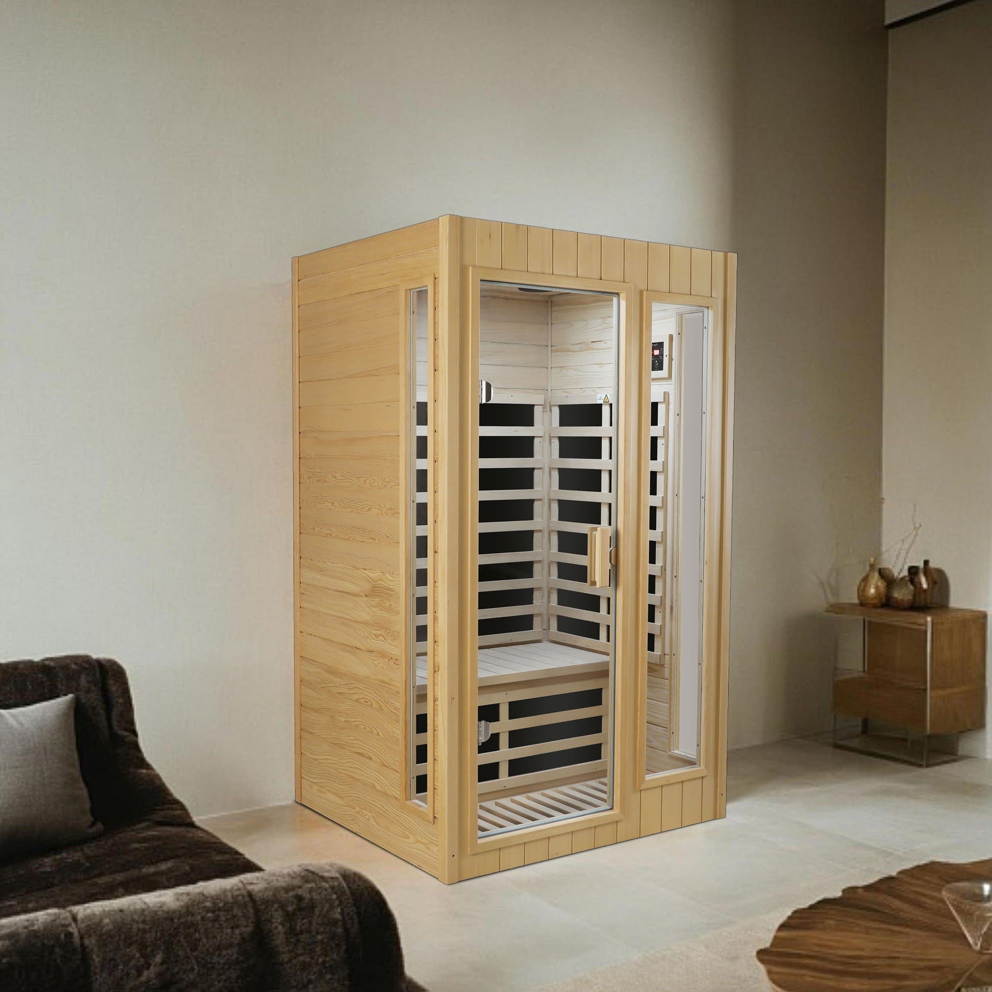 Twoperson infrared sauna with natural wood exterior and glass door