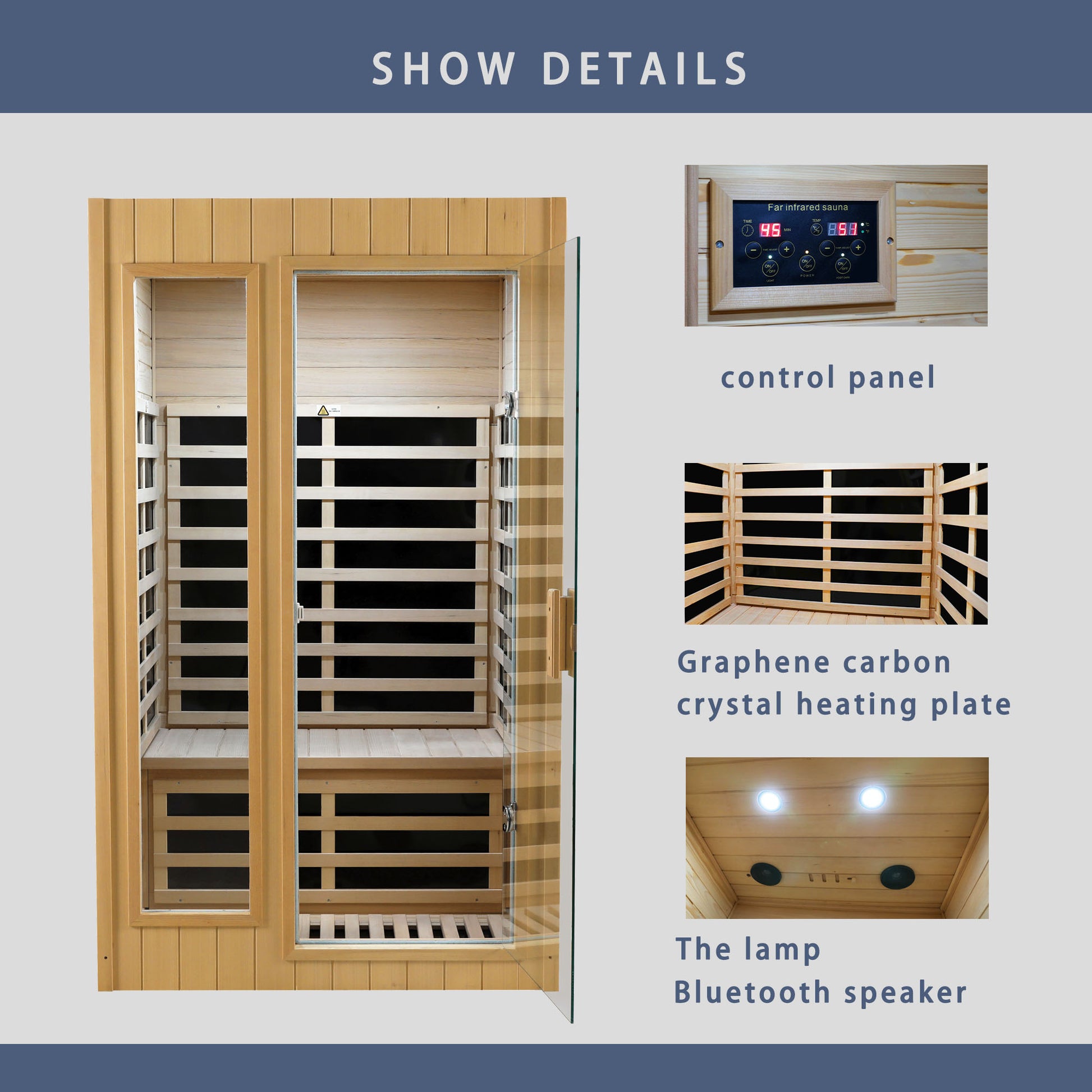 Interior of a wooden infrared sauna with glass door and benches