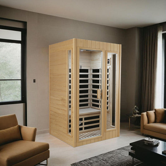 Modern person infrared sauna with wooden exterior and glass door