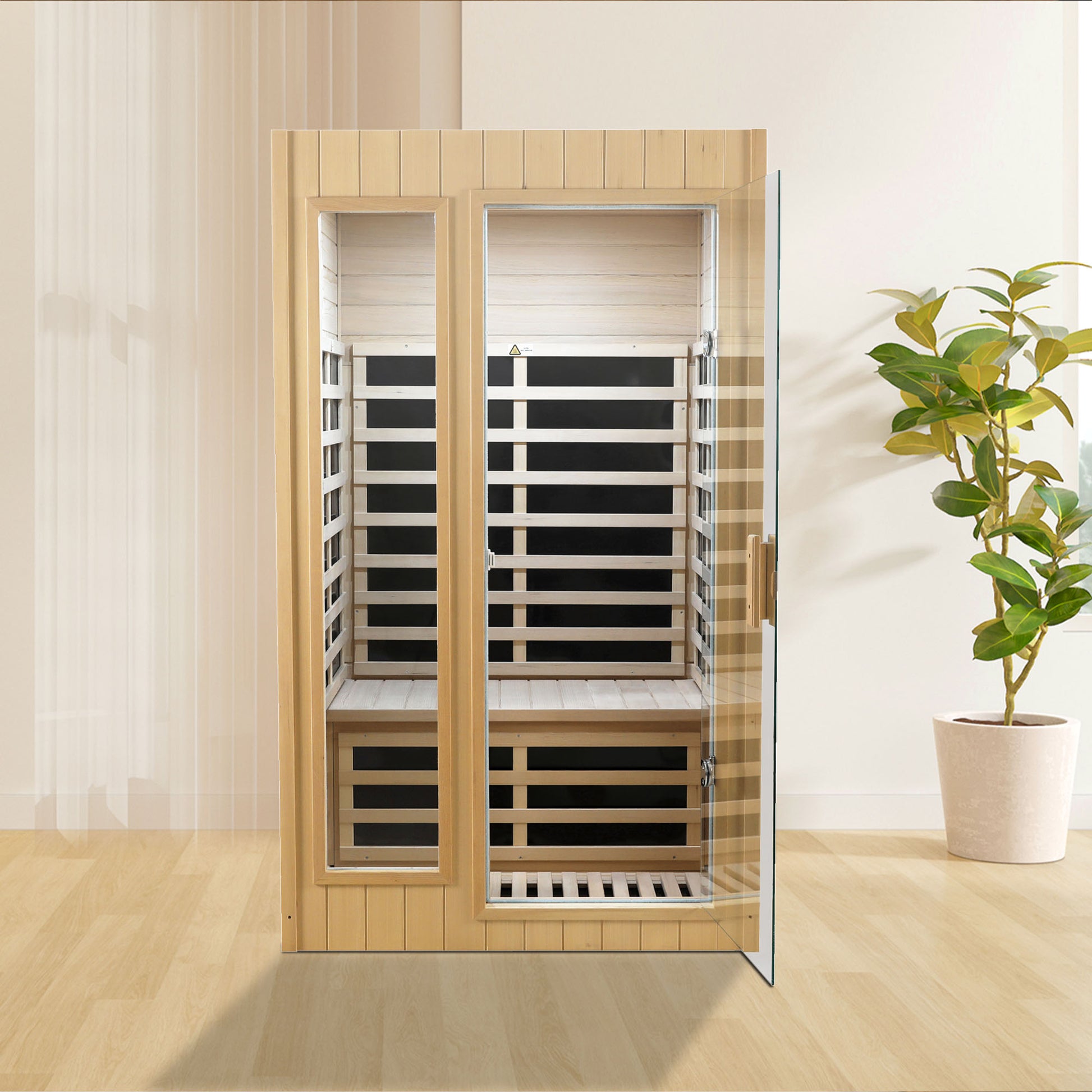 Modern infrared sauna with wooden frame and glass door perfect for home spa relaxation