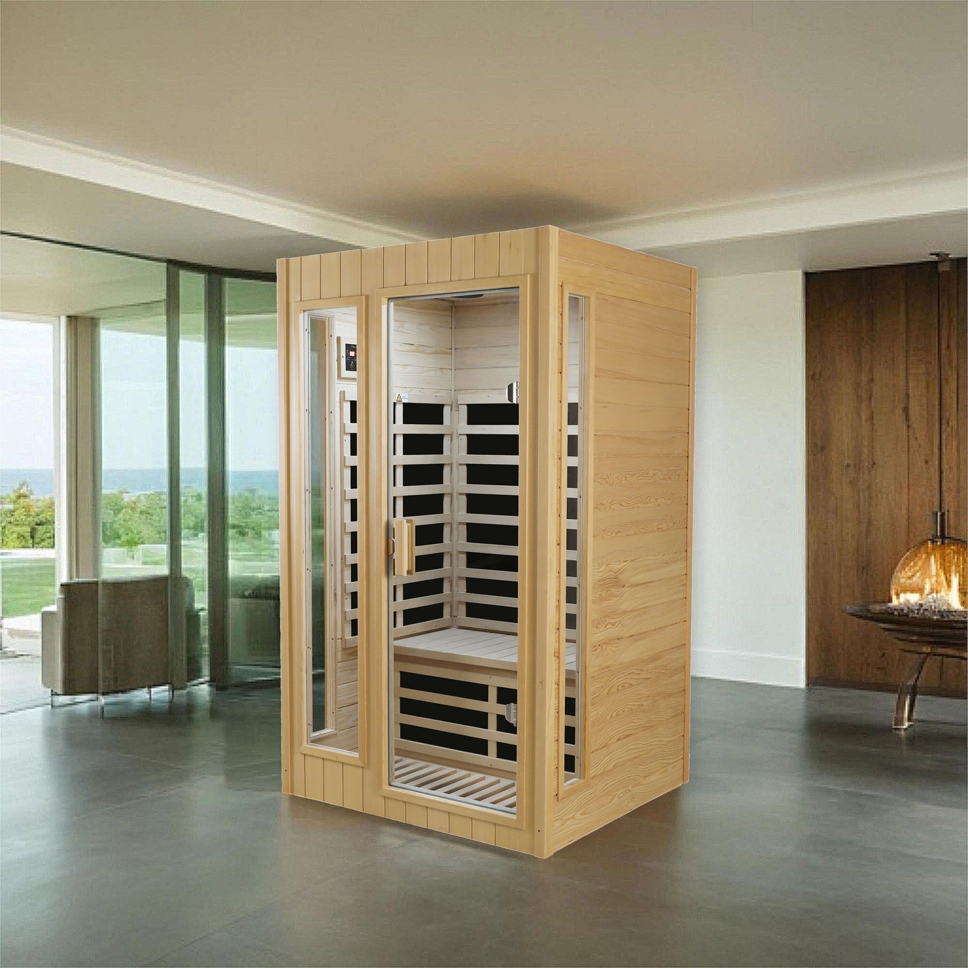Compact person infrared sauna with glass door and wood interior