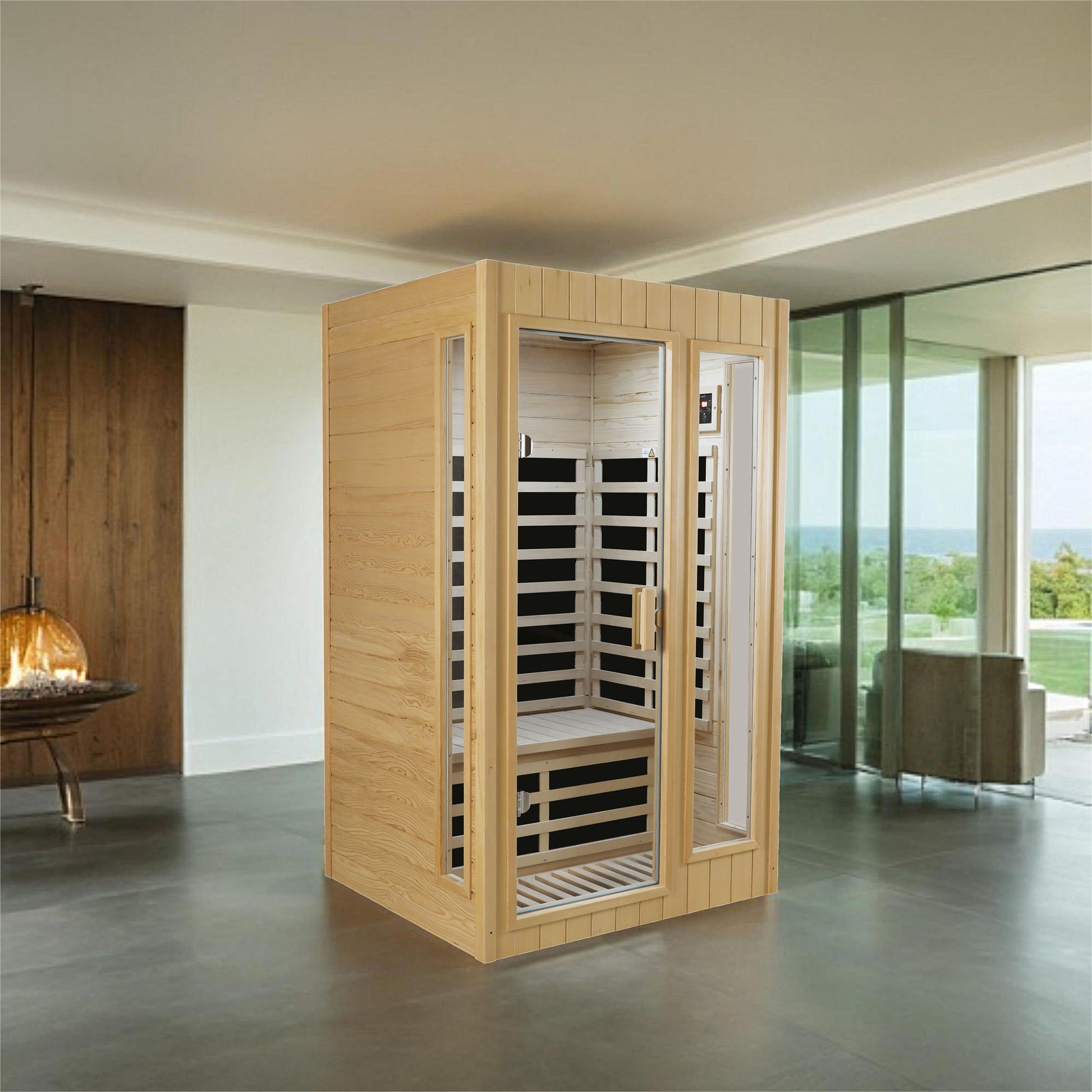 Luxury wooden infrared sauna cabin with glass door and interior seating