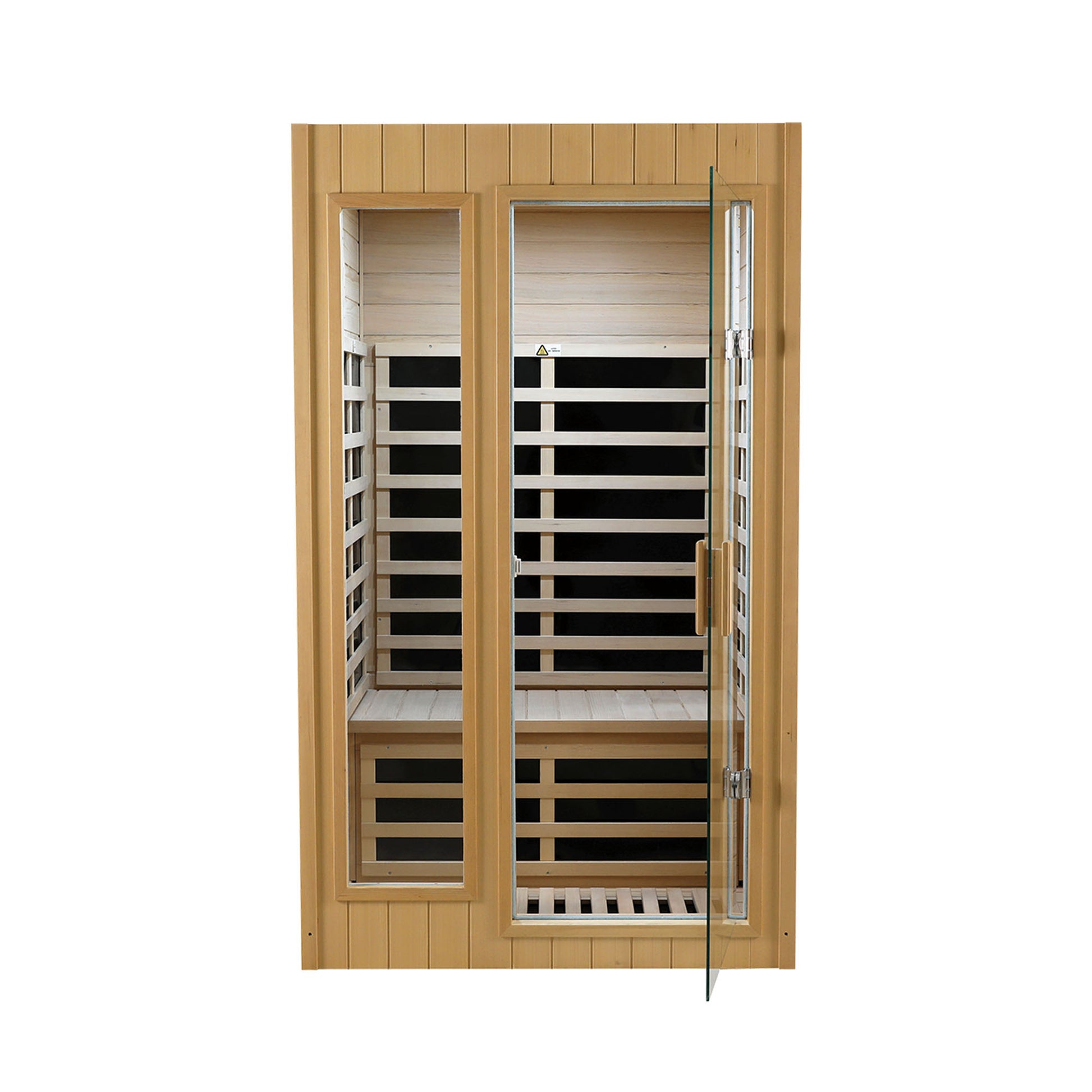 Modern twoperson infrared sauna cabin with glass door and wooden interior
