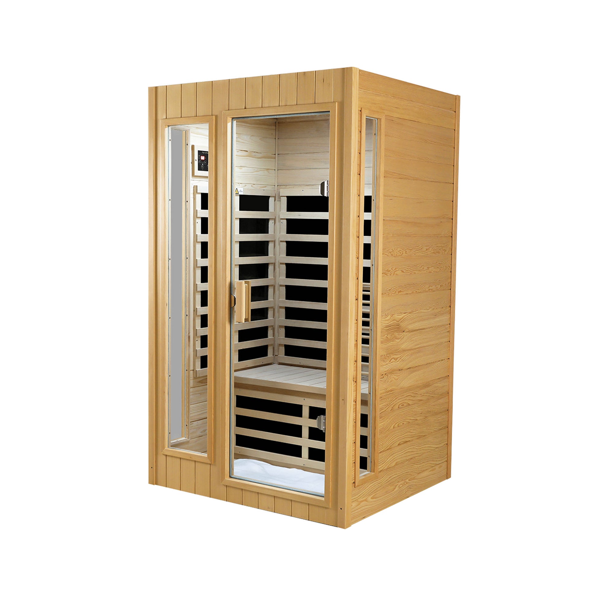 Twoperson hemlock wood infrared sauna with tempered glass door and fullspectrum heaters